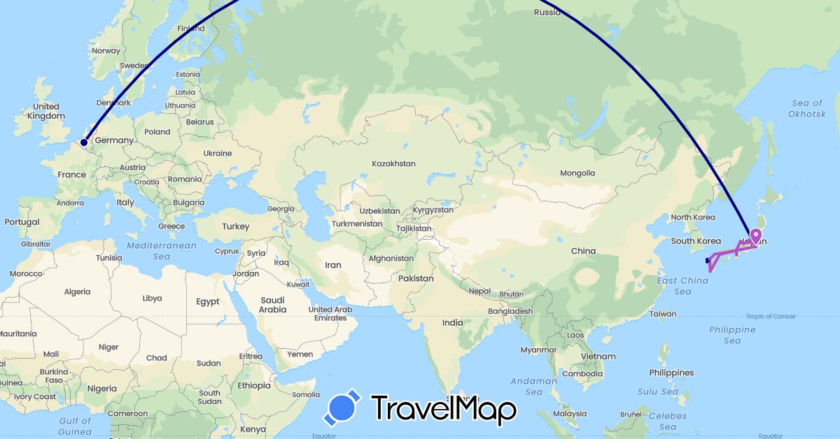 TravelMap itinerary: driving, plane, train in Belgium, Japan (Asia, Europe)
